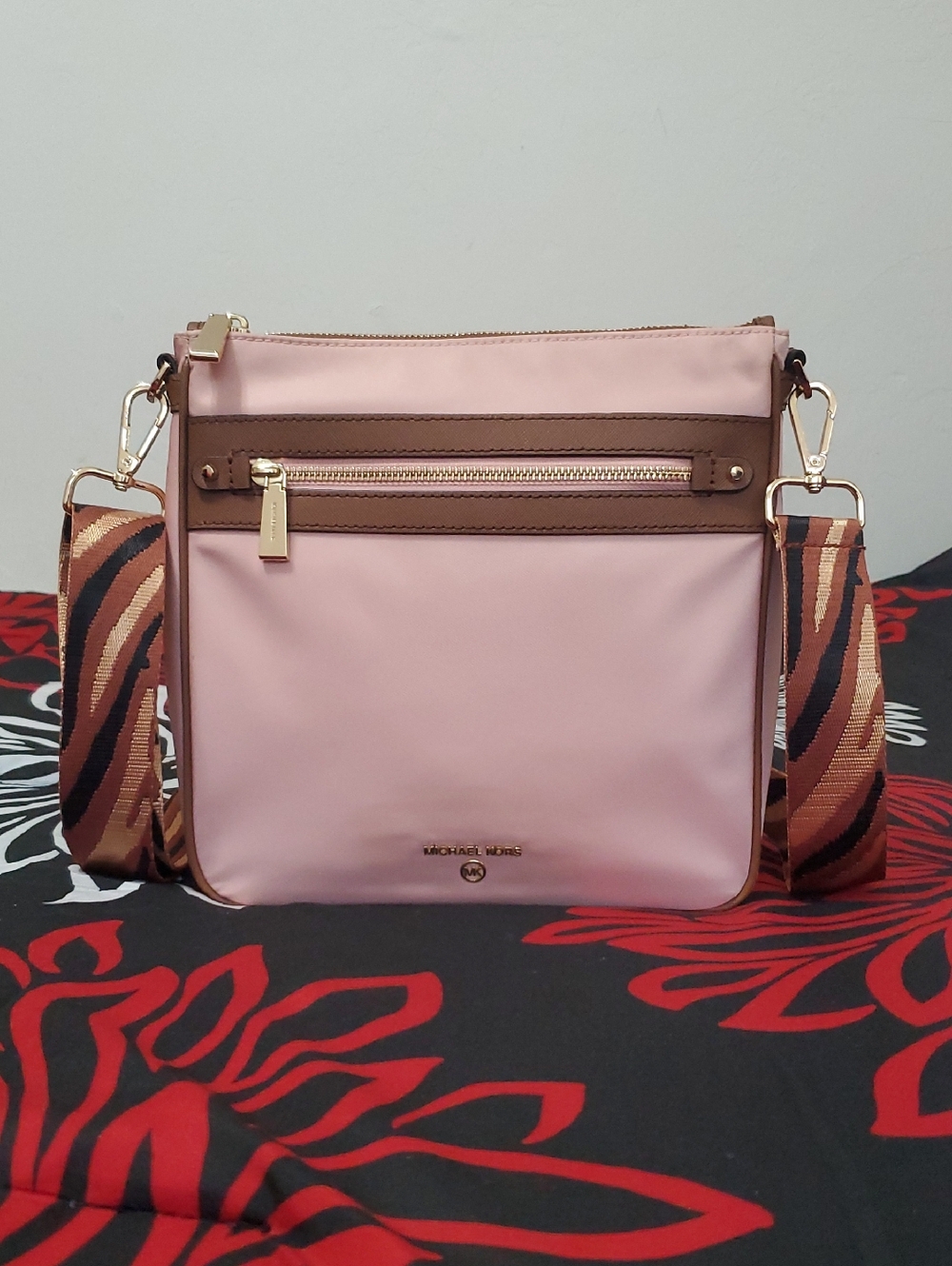 Michael Kors Charm Nylon Blush Pink and Brown Crossbody Bag